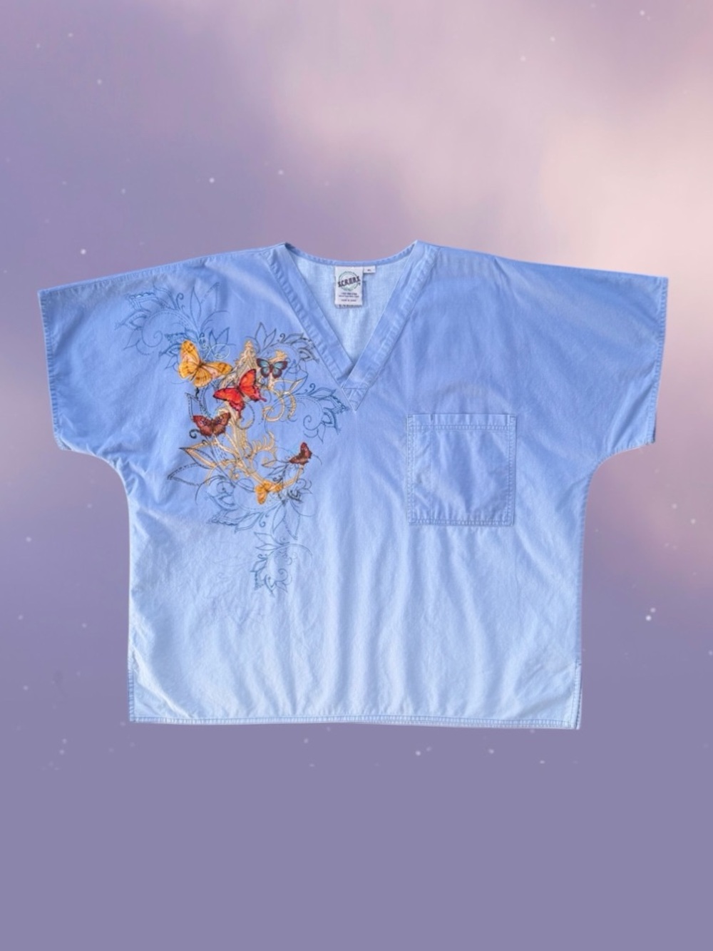 Light Blue Butterfly Embroidered V-Neck Blouse
